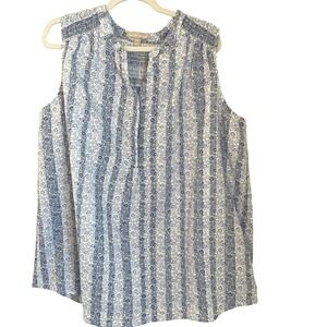 Woman Within Size 18/20 Linen Blend‎ Floral Sleeveless Top Blue White Smocked
